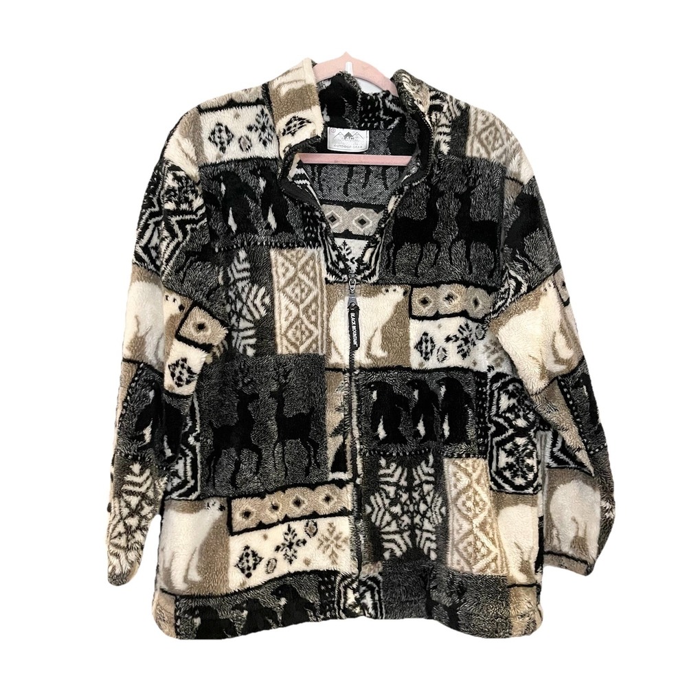 BLACK MOUNTAIN Fleece Jacket Mens S VTG Polar Bear Penguin Deer Snowflakes‎ Soft